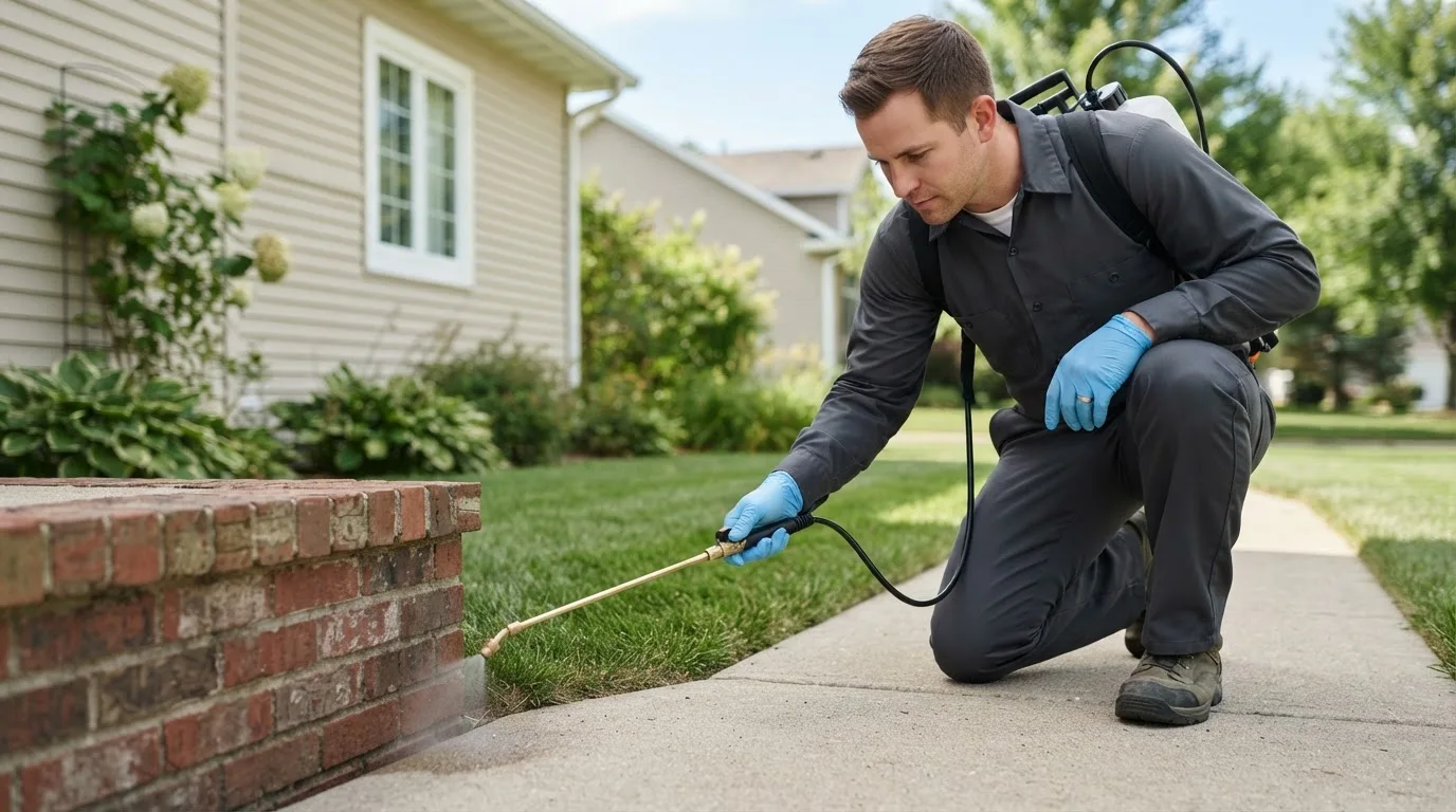 Pest control technician treating a home near Ellenwood, GA